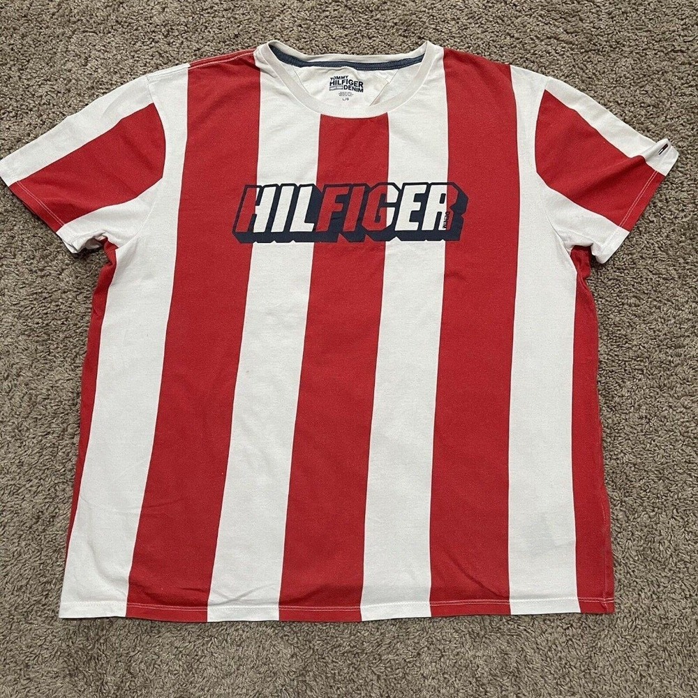 Tommy Hilfiger Red & White Striped Logo Short Sleeve Tee
